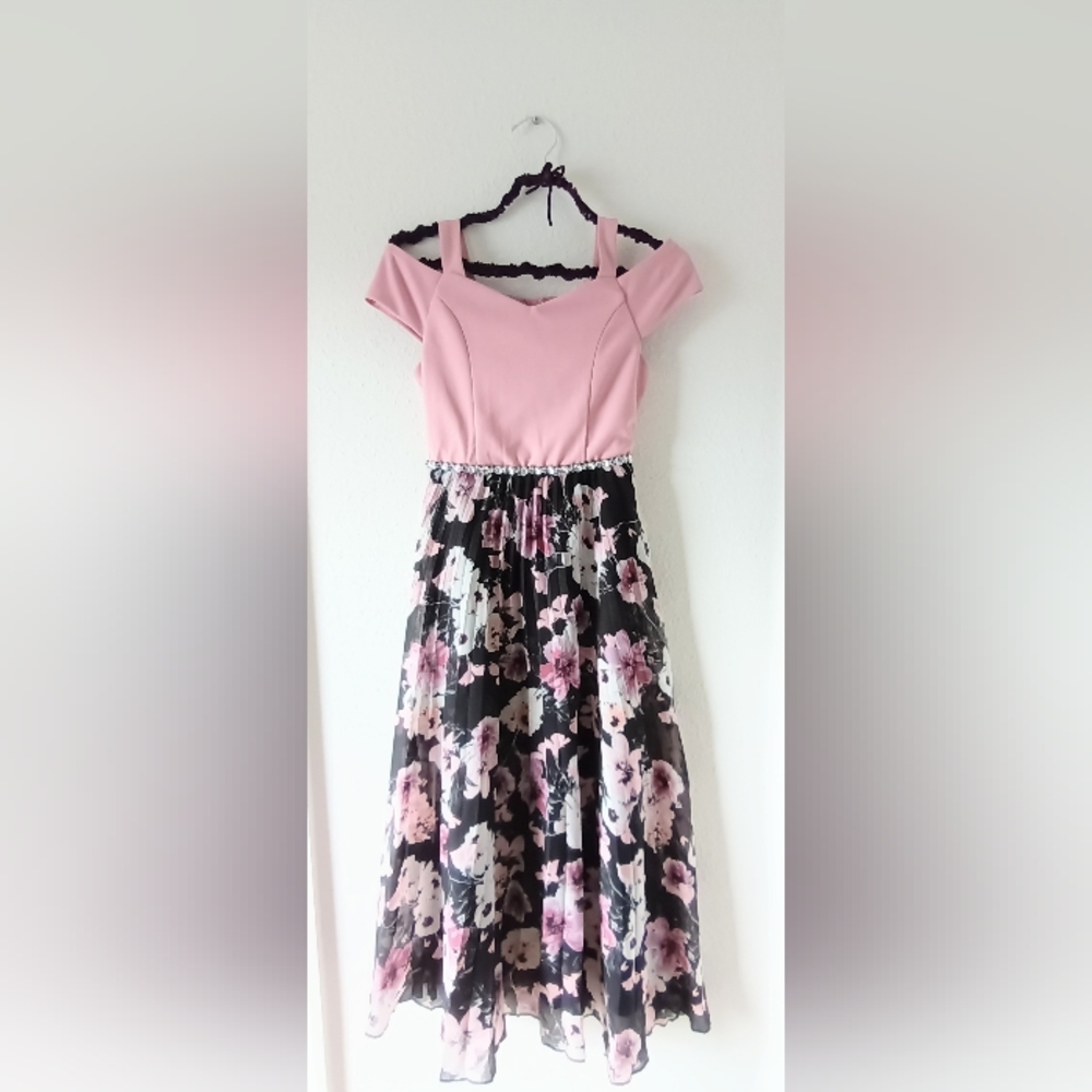 Floral Cold Shoulder Rhinestone Embellished Long Dress